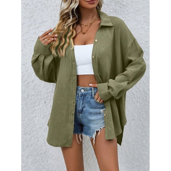 WILA Tops - 100% cotton button down shirt boho textured blouse olive green
